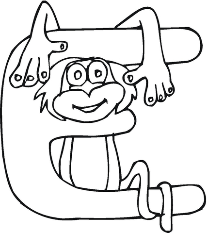 Letter E With Monkey Coloring Page